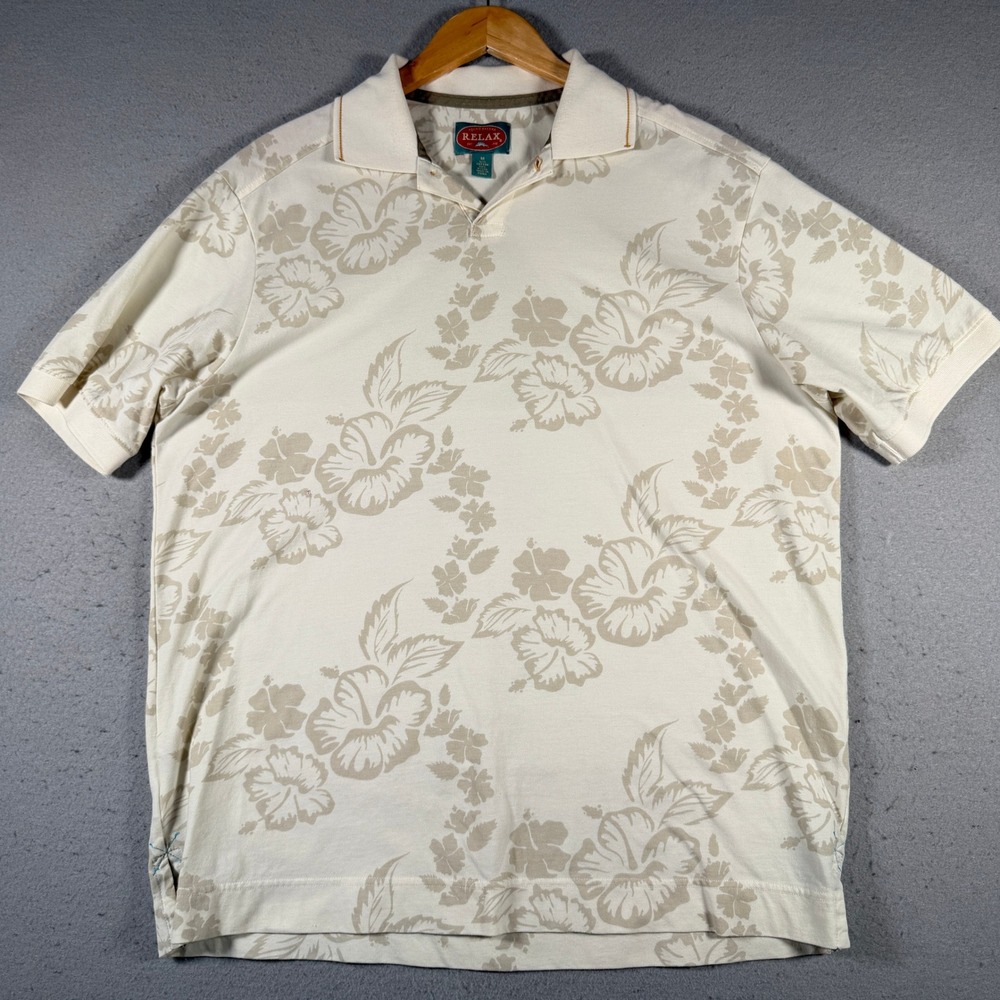 Tommy‎ Bahama Relax Mens Medium Hibiscus Floral V-Neck Polo Shirt Short Sleeve
